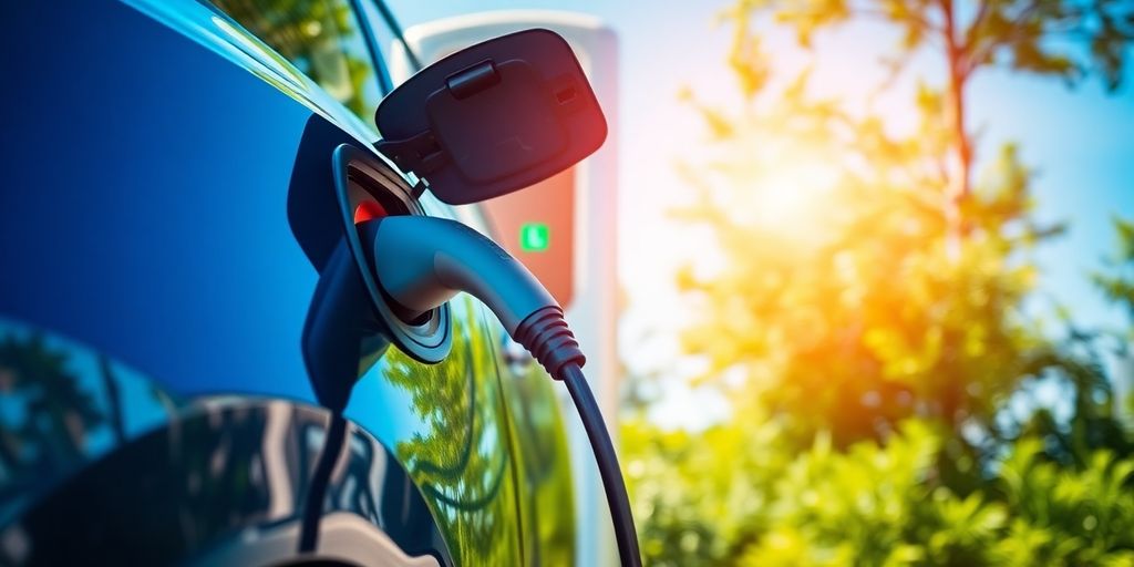Electric vehicle charging at a modern station with greenery.