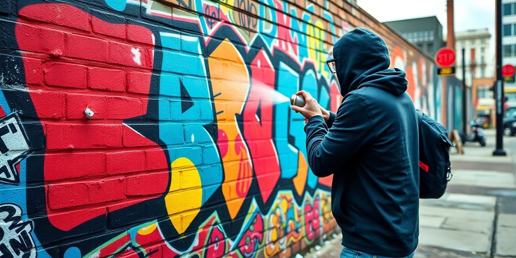 Artist spray painting a colorful mural on a wall.