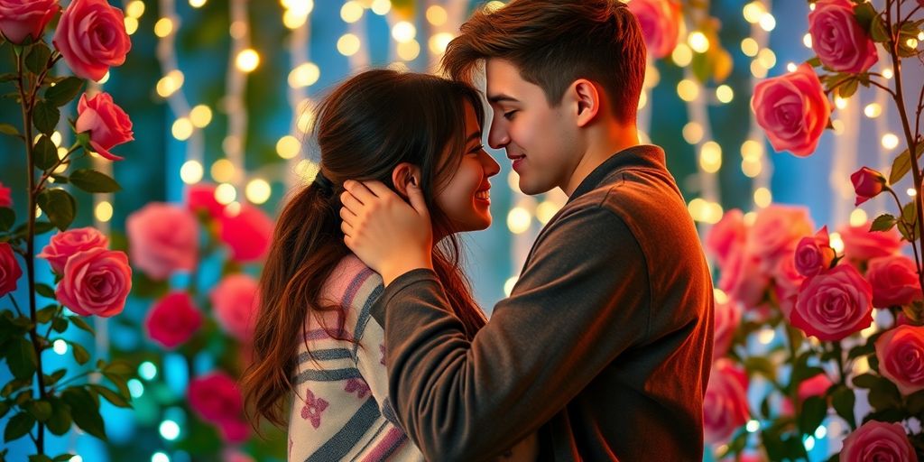 Young couple sharing a tender moment under a starry sky.