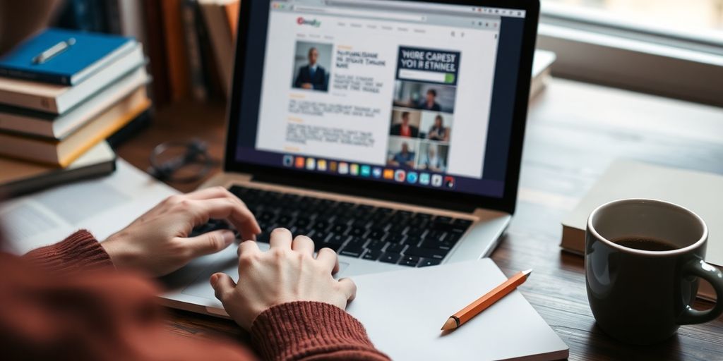 Person writing article with laptop and coffee cup.