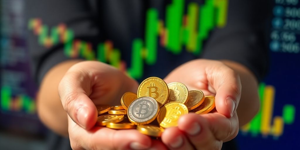 Pile of gold coins and virtual currency.