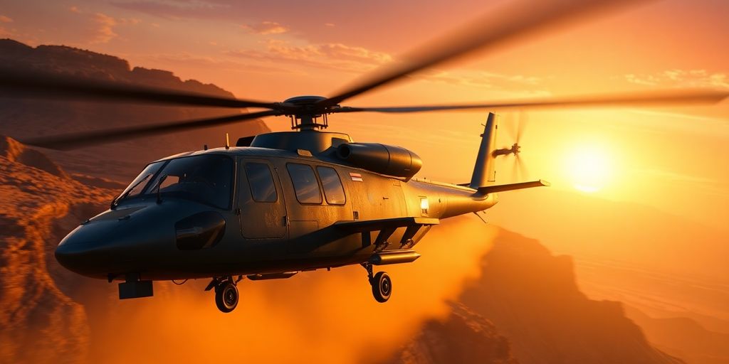 A military attack helicopter flies through a desert canyon.