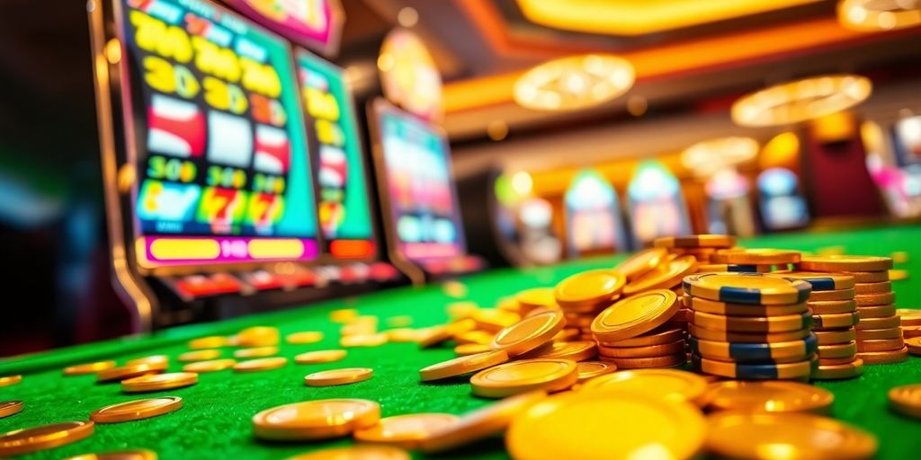 Spinning slot machine reels and casino chips.