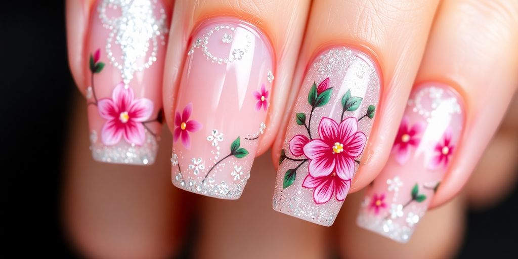 Unhas de gel decoradas para festas elegantes.