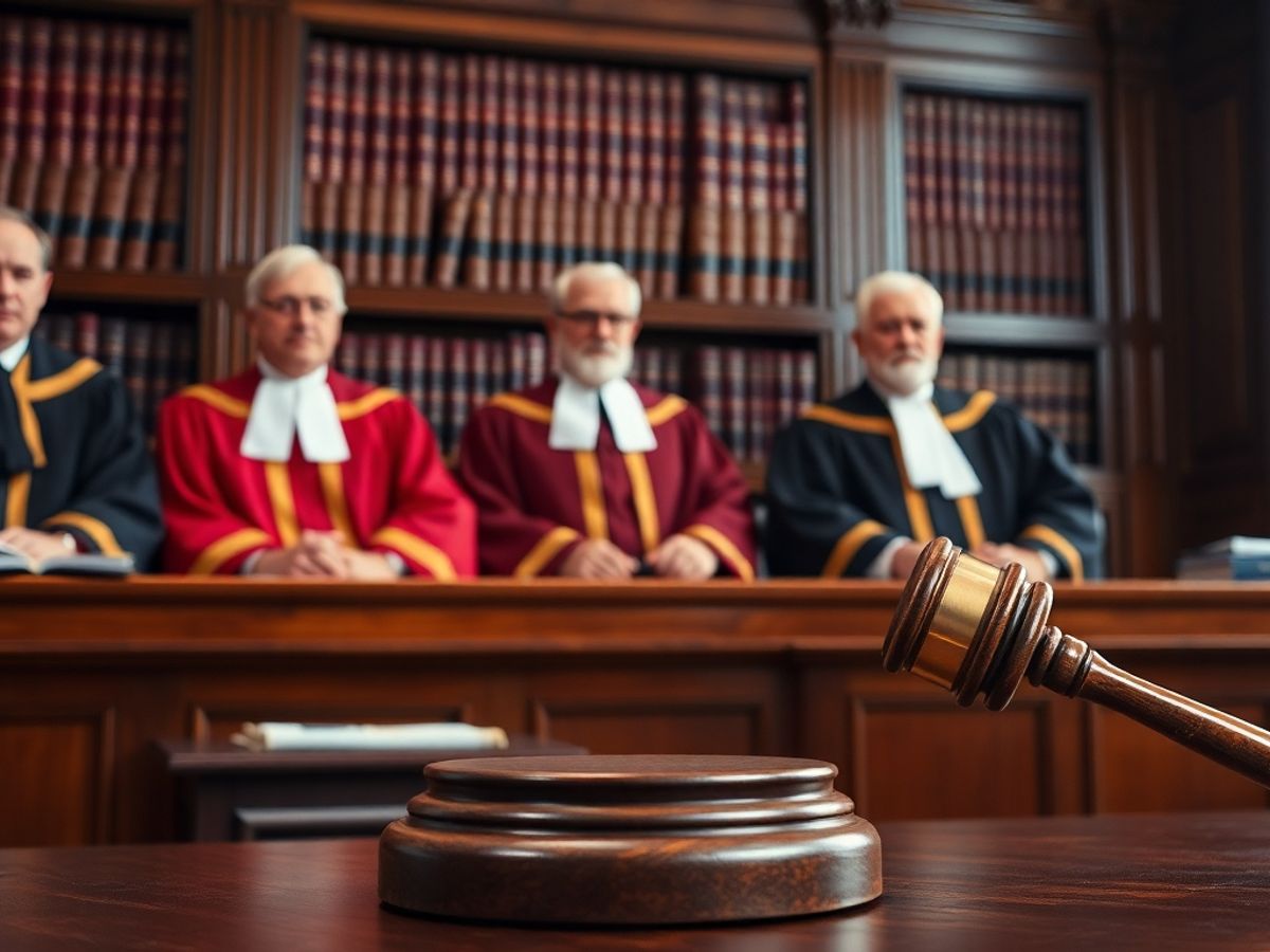 Scenă de judecată cu judecători și ciocan de judecată.