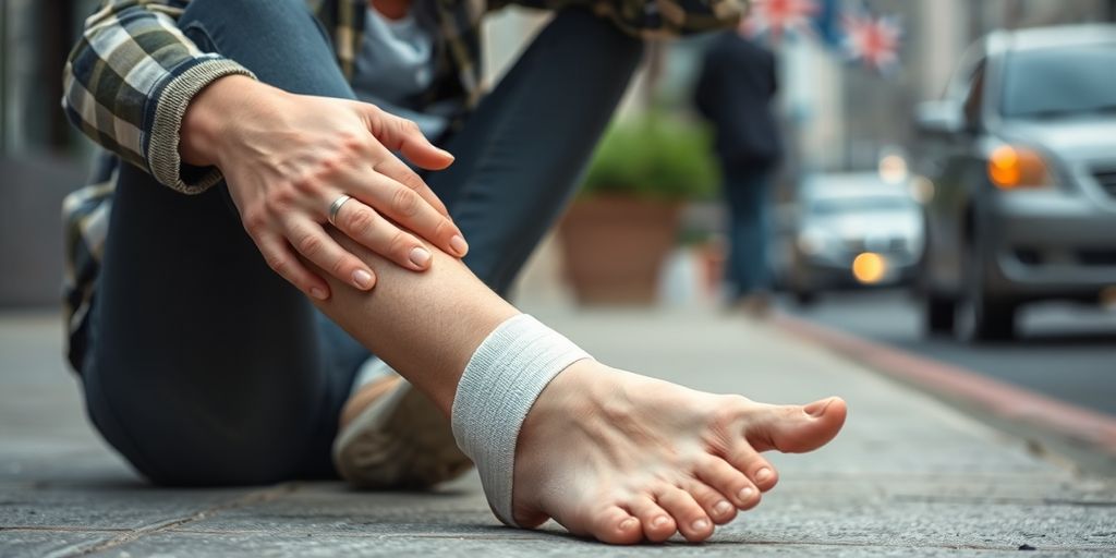 Person sitting on sidewalk with an injured ankle.