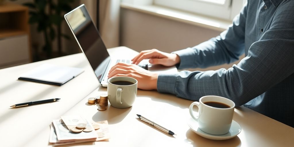 Laptop with revenue graph and coffee.