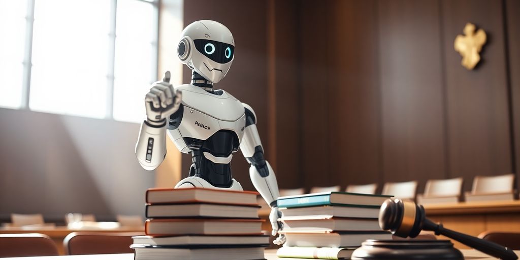 AI robot stands victoriously in court.