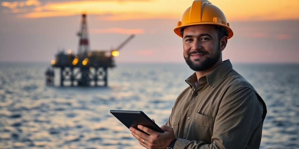 Petroleum engineer with oil rig background.