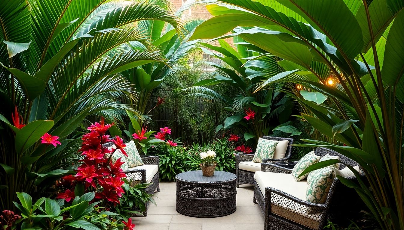 Lush tropical garden with vibrant flowers and seating.