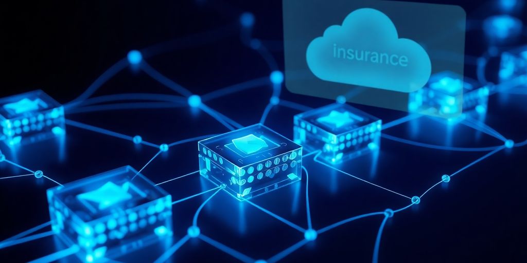 Interconnected blocks, secure digital chains and insurance concepts.