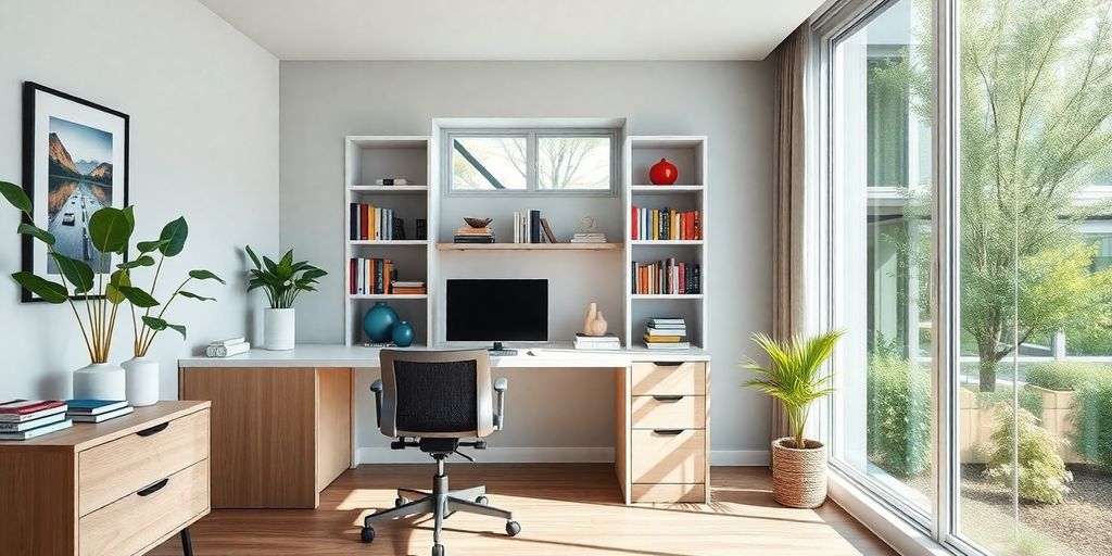 Modern home office with stylish desk and reading nook.
