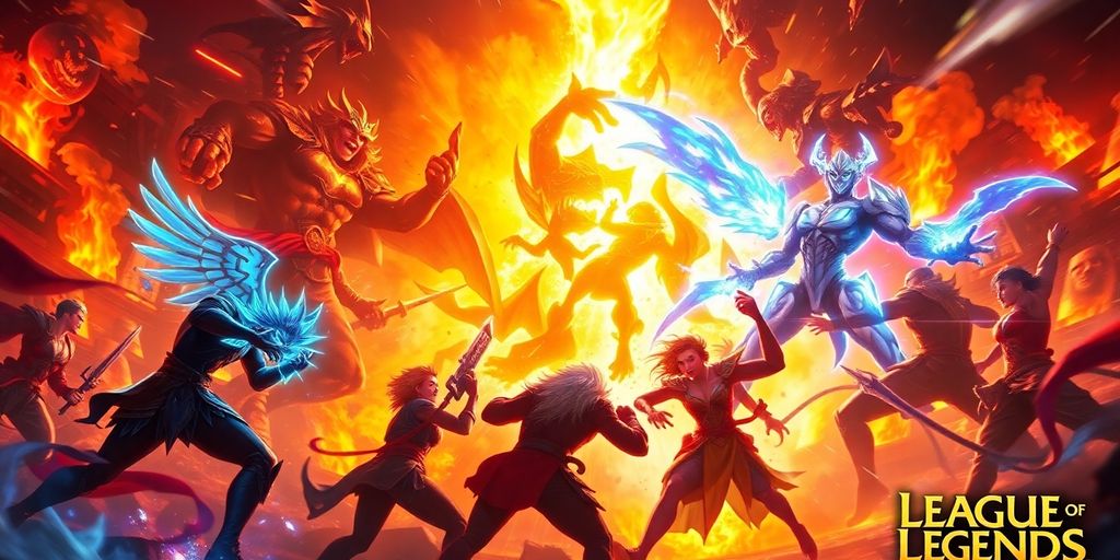 League of Legends champions clashing in a dynamic arena.