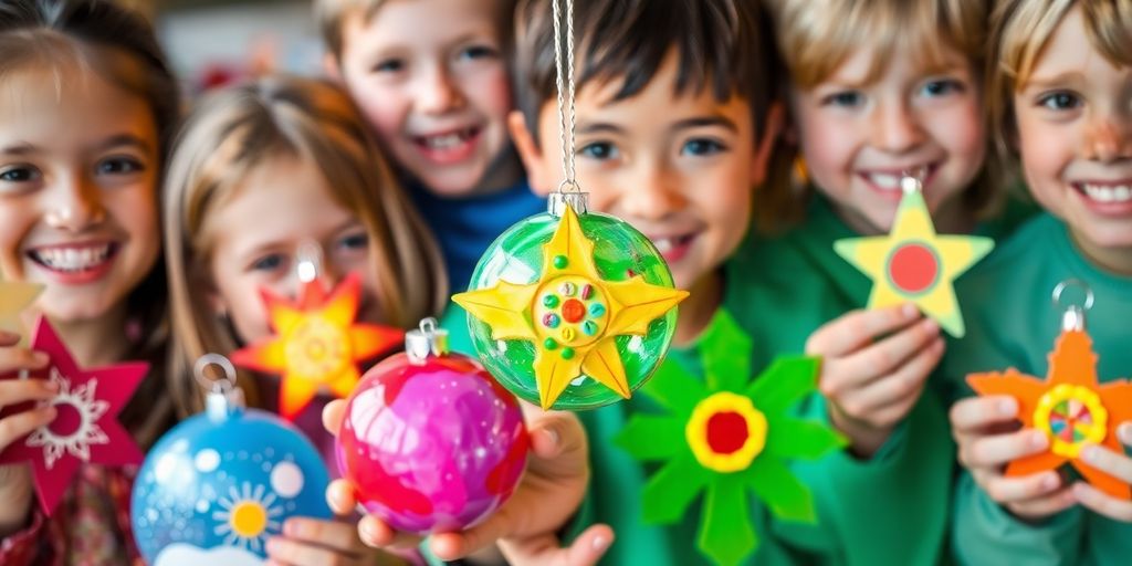 Children proudly displaying custom art ornaments.