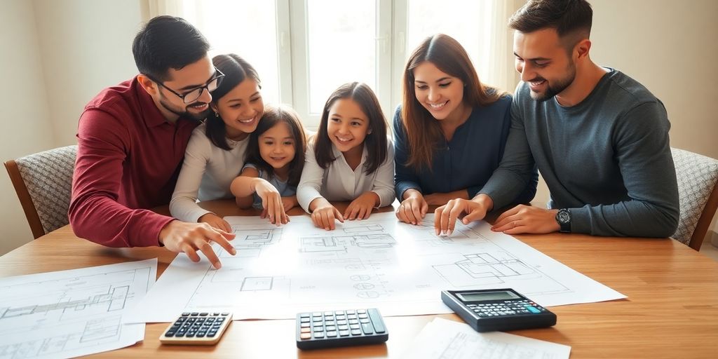 Family happily discussing home renovation budget.