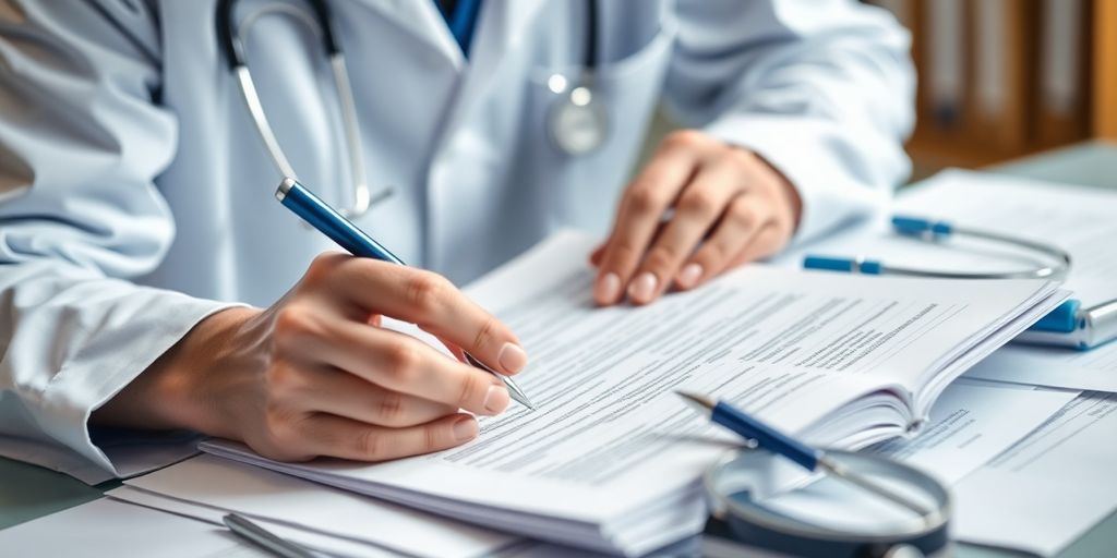 Profissional de saúde revisando documentação clínica.