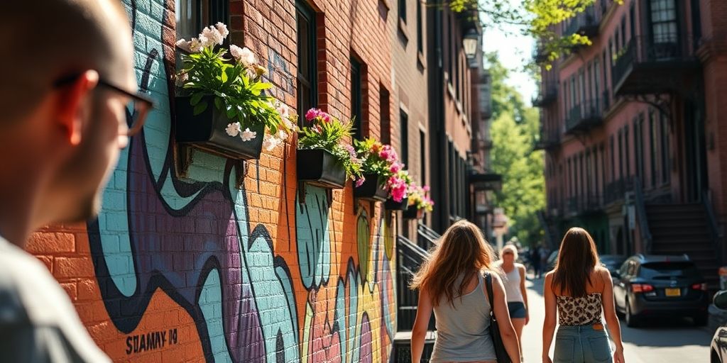 Colorful street art in a vibrant, diverse NYC neighborhood.
