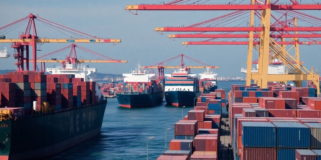 Cargo ships and cranes at a busy port.