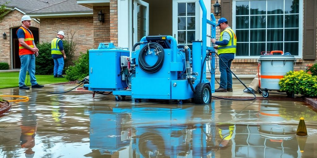 Professional house restoration scene featuring active, functioning water removal equipment.