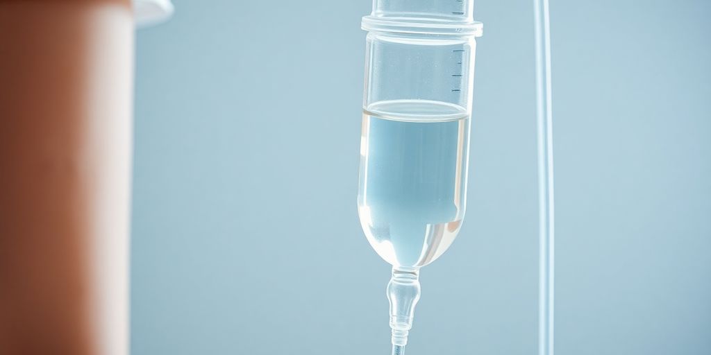 Close-up liquid flowing intravenous drip.
