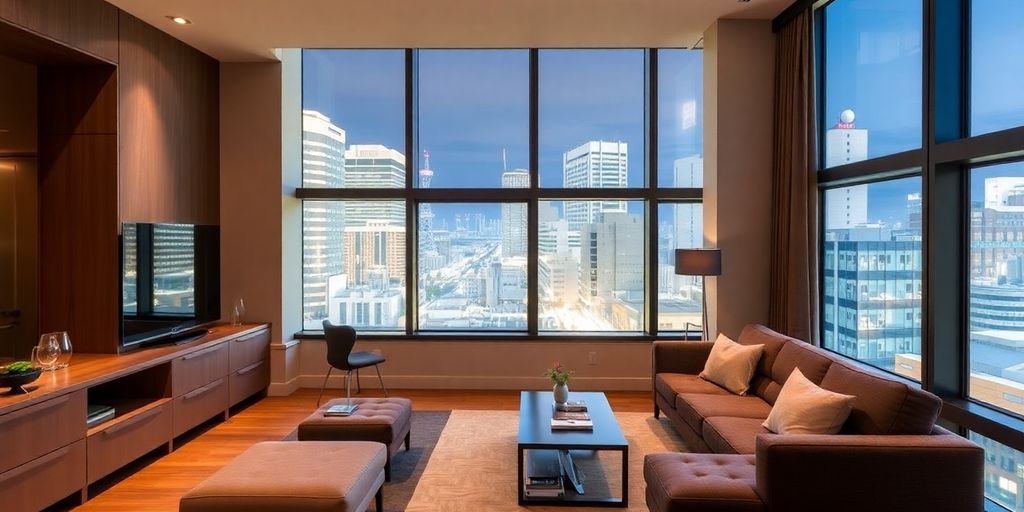 Modern serviced apartment interior in Tokyo with city view.