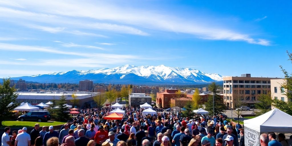 A lively community gathering in an Anchorage park with mountains.