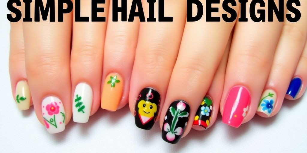 Unhas decoradas coloridas e criativas com padrões simples.