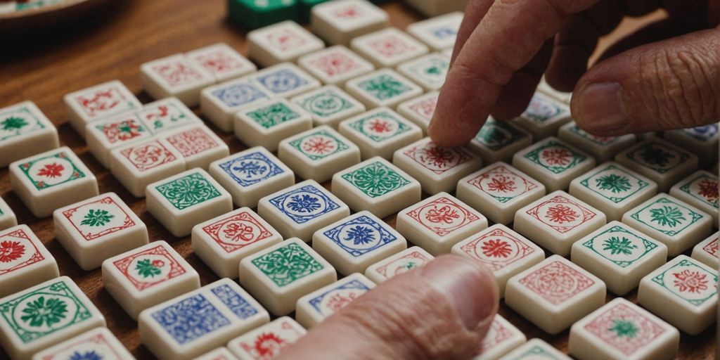 Hand using viewfinder on Mahjong tiles.