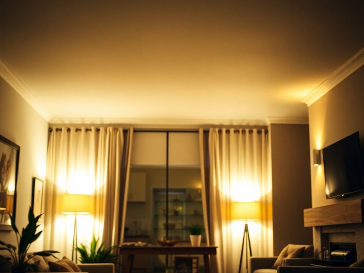 Casă modernă cu iluminat inteligent, lumini ambientale calde.