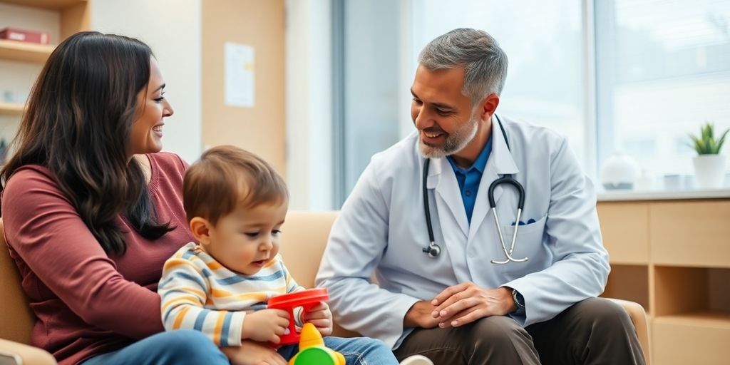 Parent, child, and doctor in a clinic room.