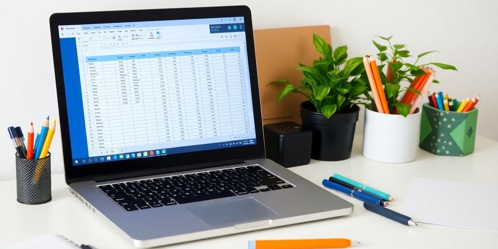 Laptop with spreadsheet and organized workspace for inventory.