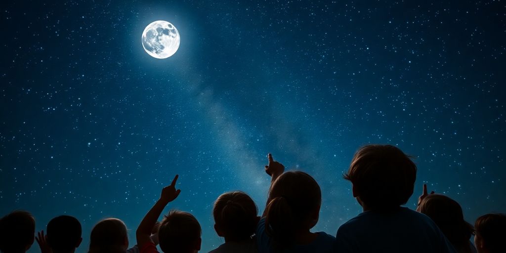 Children gaze at a starry night sky.