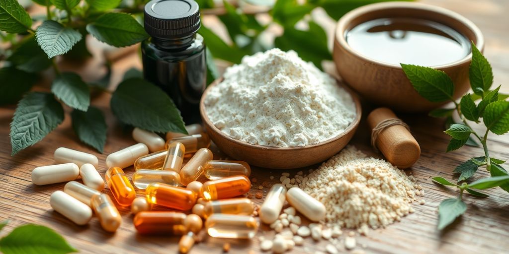 Suplementos minerais naturais em superfície de madeira.