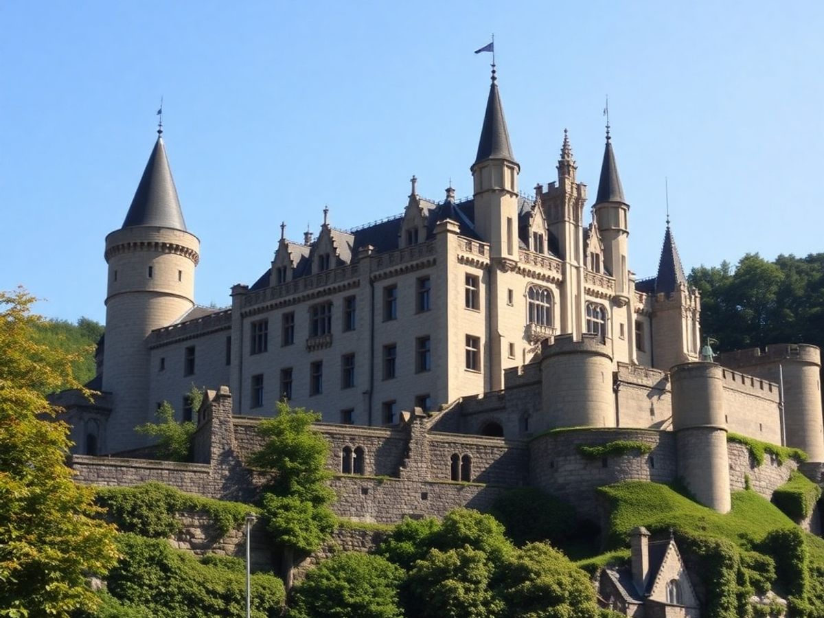 Castel medieval românesc înconjurat de vegetație luxuriantă.