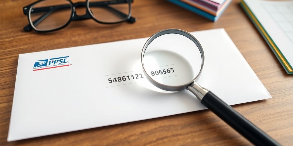 Envelope with magnifying glass over ZIP code, pen and cards.