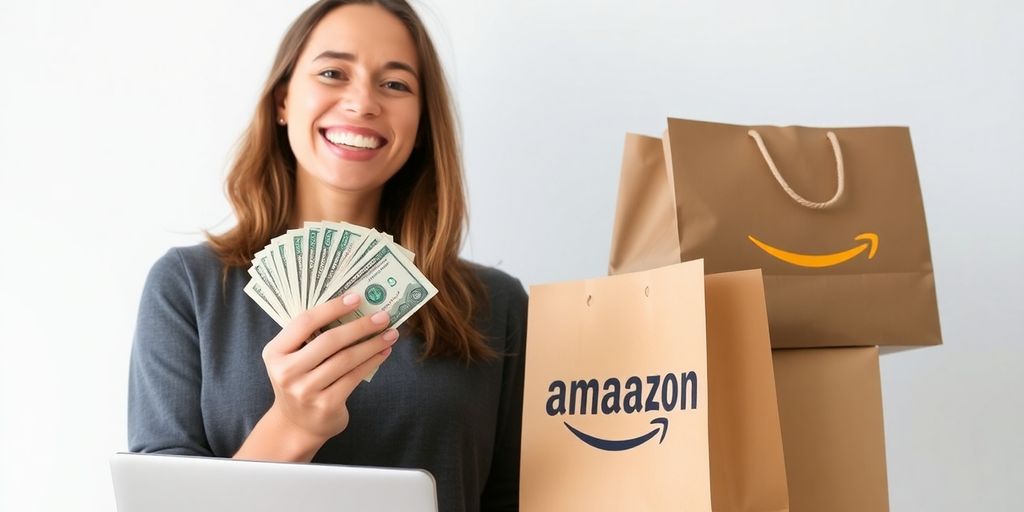 Person holding cash, laptop, and shopping bags.