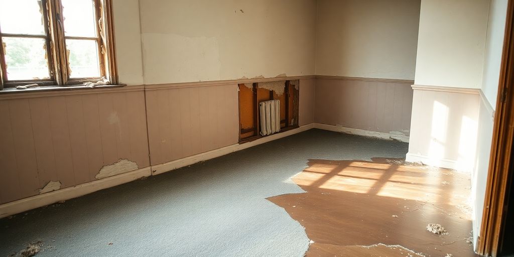 Water-damaged room with wet carpet and peeling walls.