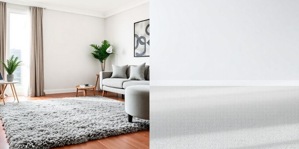 Area rug and wall-to-wall carpet in a room.