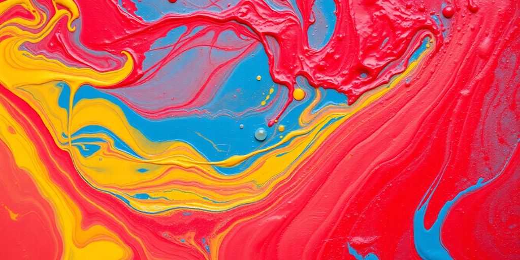Vibrant primary colors swirling in abstract paint strokes.