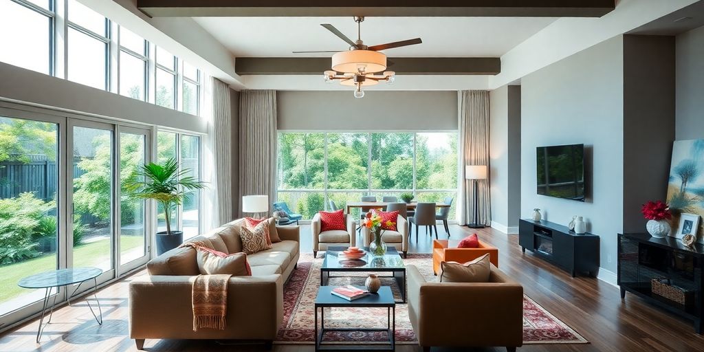 Beautifully renovated living room with modern furniture and decor.