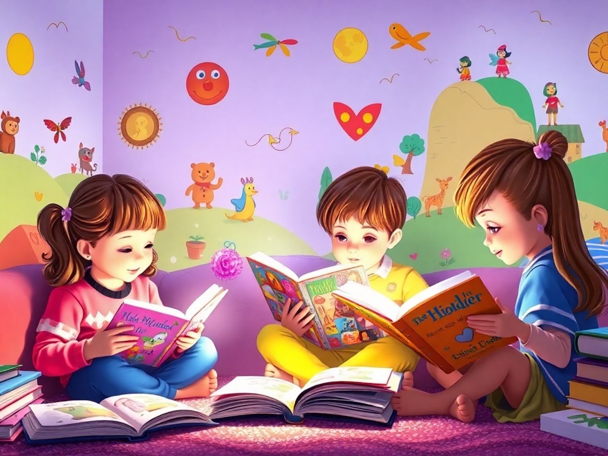 Copii citind cărți înconjurați de ilustrații fantastice.