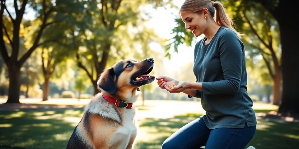 Dog trainer and dog engaged in positive reinforcement training.