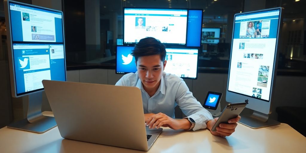 Person managing social media profiles on various devices.