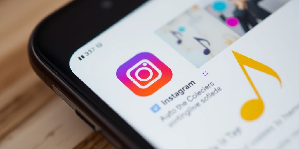 Smartphone with Instagram post and music icon