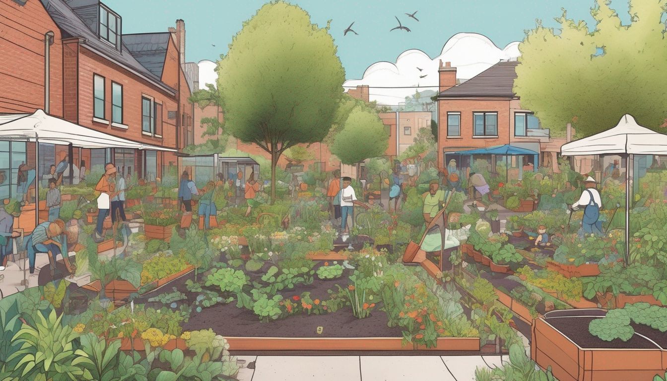 community garden with diverse plants and people gardening