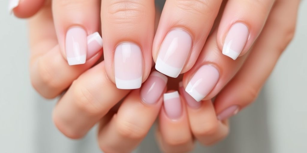 Mãos com unhas de acrílico simples e elegantes.