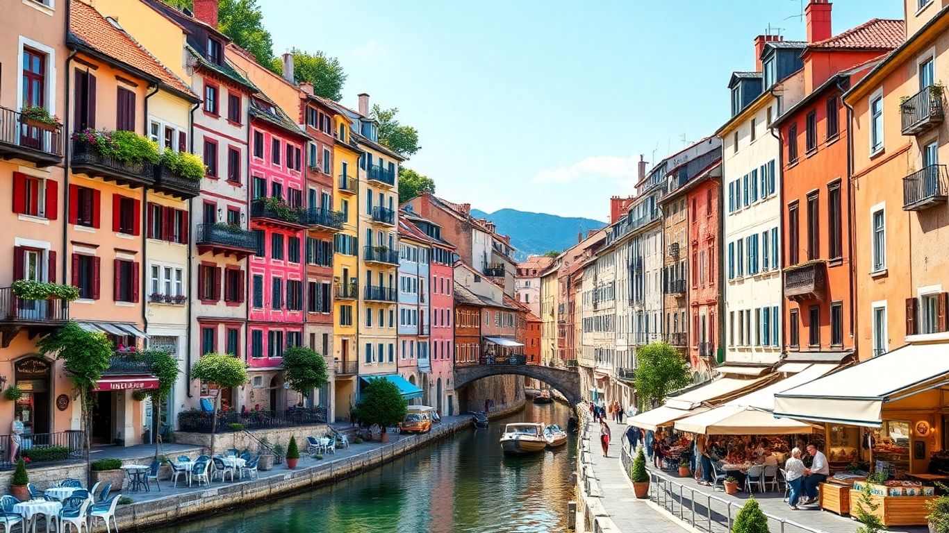 Charming European cityscapes with outdoor cafes and lively streets.