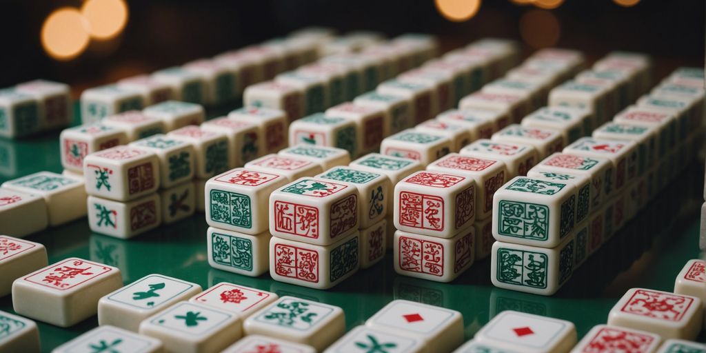 Different Mahjong tiles neatly arranged on a table.