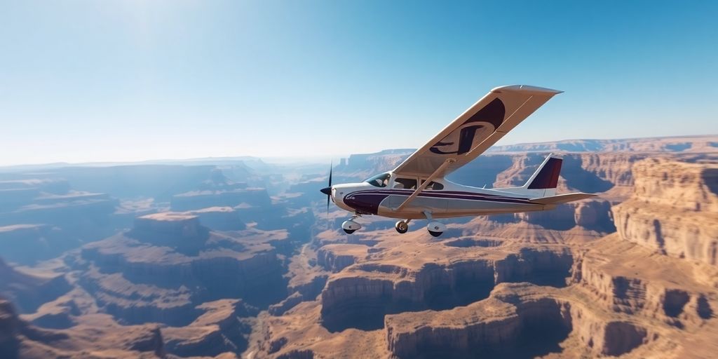 A small tour airplane flies high above a vast canyon.