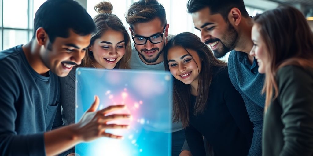 Young innovators collaborating, futuristic setting.